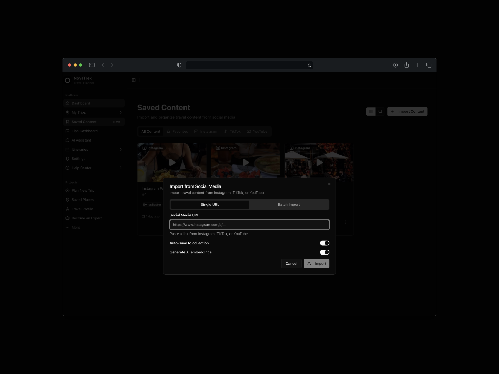 Import content from Instagram, TikTok, or YouTube