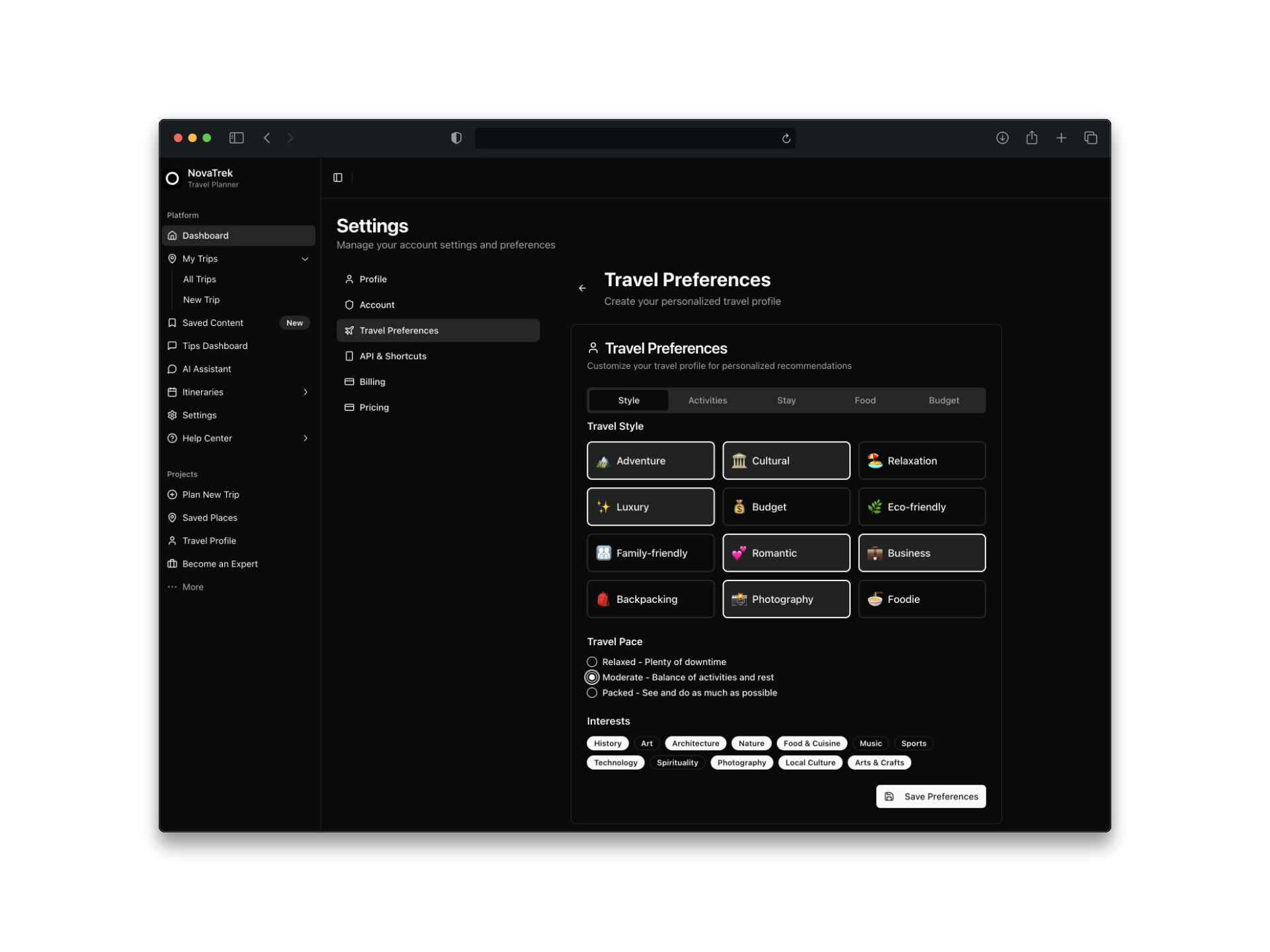 Customize your travel preferences for personalized recommendations